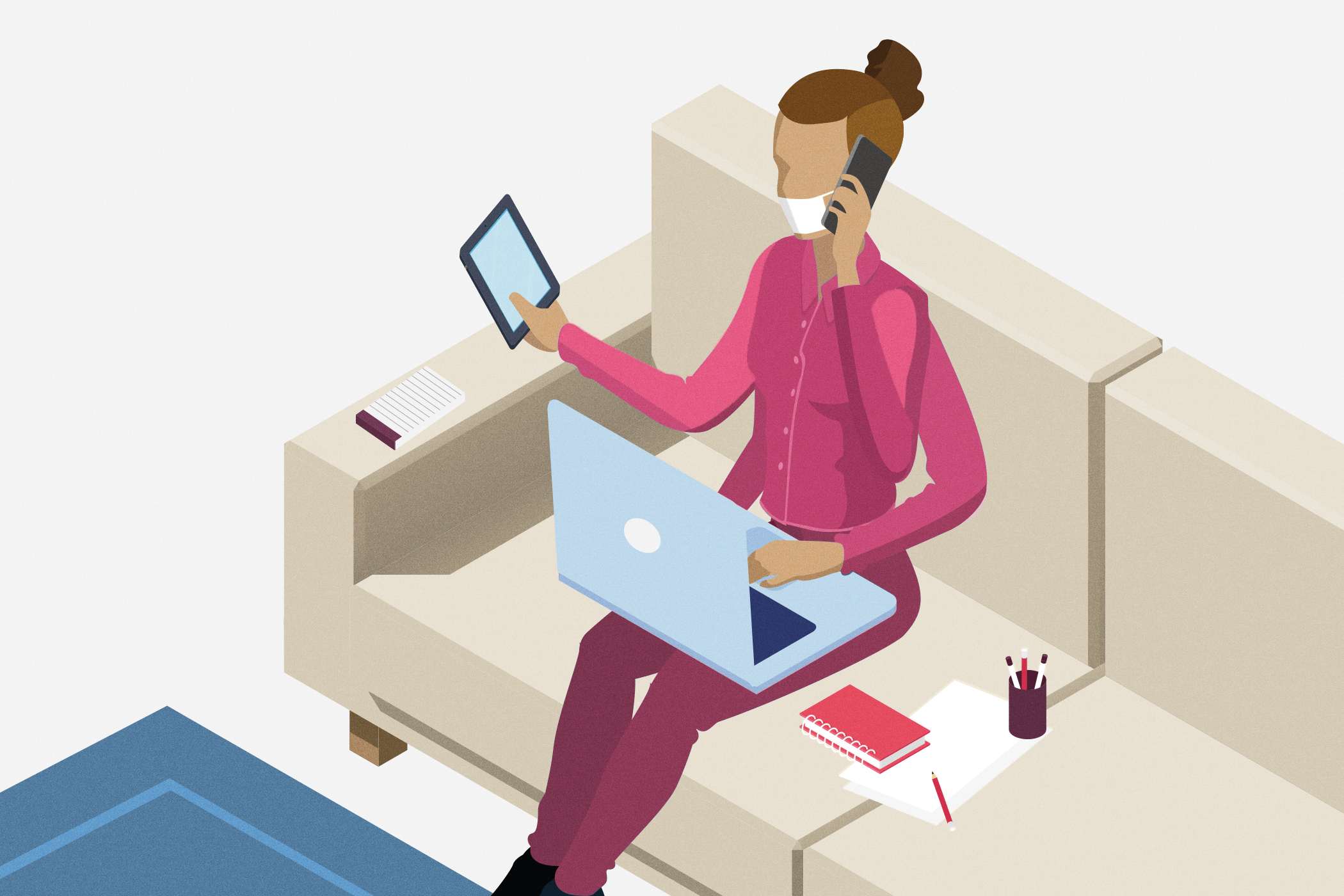 An illustration of masked woman on a couch with three arms using a laptop, phone, and tablet all at once.