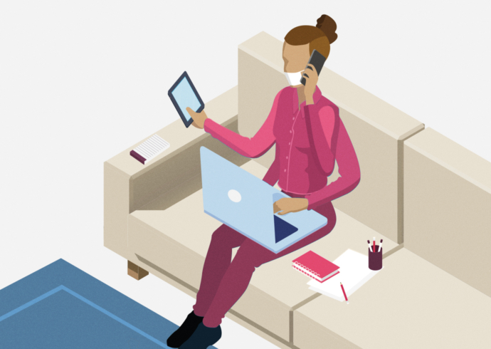 An illustration of masked woman on a couch with three arms using a laptop, phone, and tablet all at once.