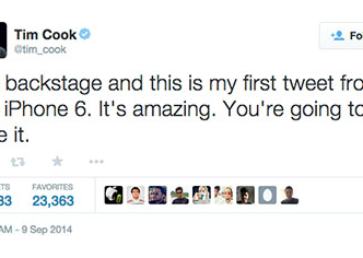 A detail from a twitter post by Apple CEO Tim Cook with the text, Backstage, and this is my first tweet from an iPhone 6.