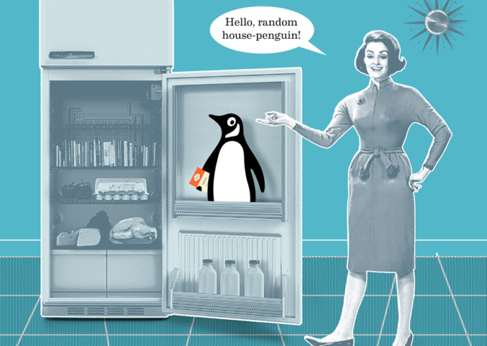 A woman gesturing to an open refrigerator with a penguin inside; the caption reads, Hello random house penguin.