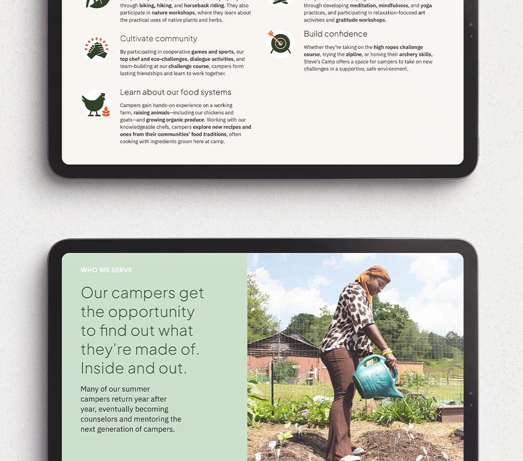 Two pages from the camp presentation deck illustrating their activities and who they serve