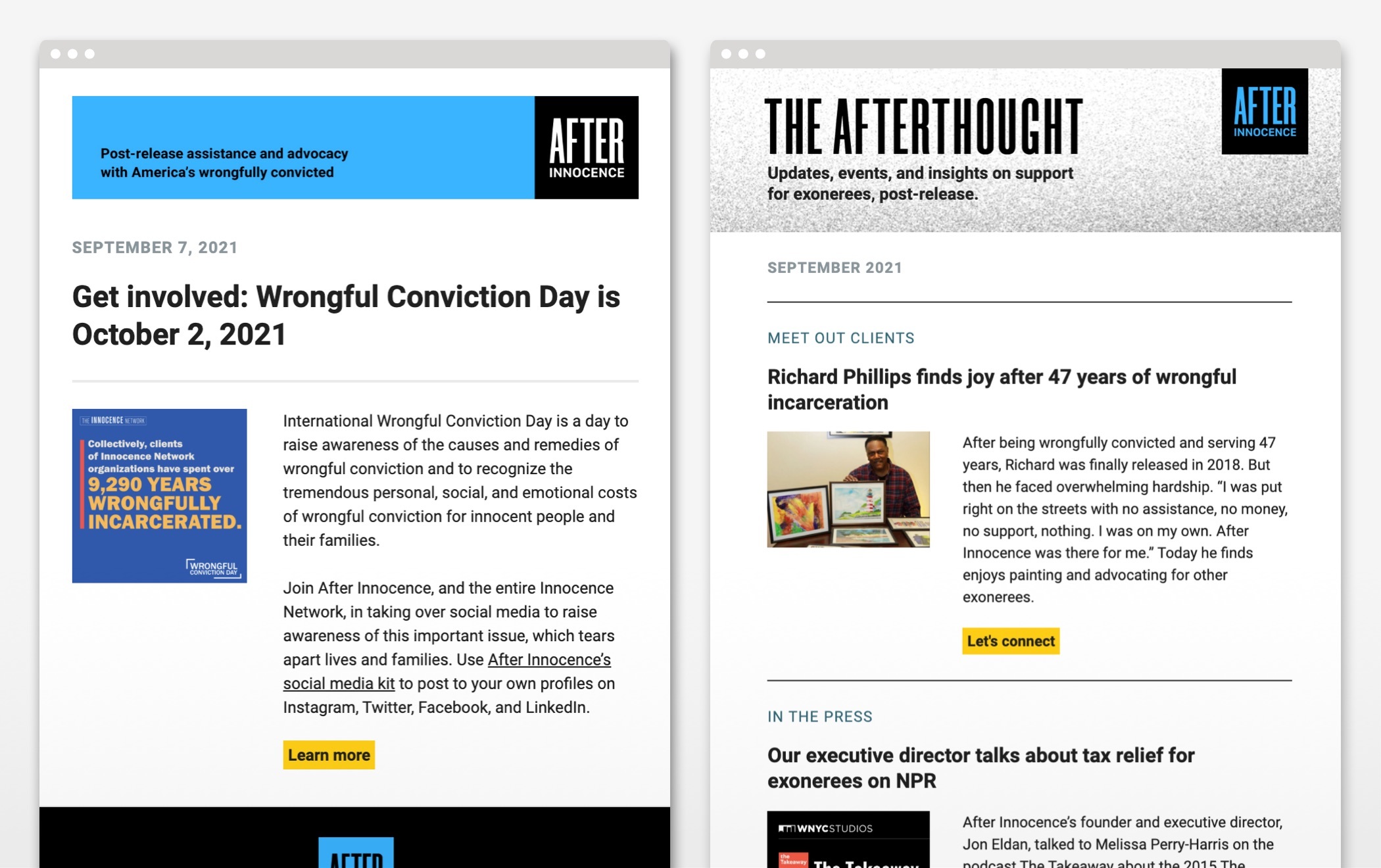 A collage of two After Innocence newsletters with the organization’s logotype.