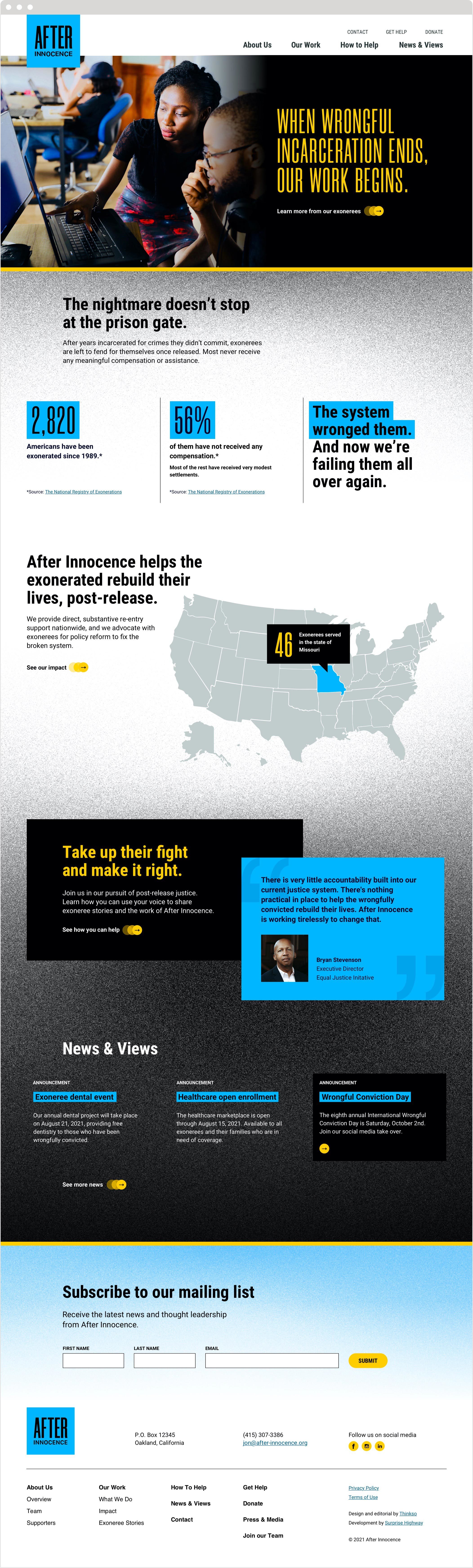 The After Innocence homepage, with an image of a man and woman viewing a laptop screen and the headline, When wrongful incarceration ends, our job begins.