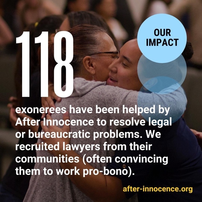 An array of statistics and exoneree photos and stories articulate the important and challenging work of After Innocence.