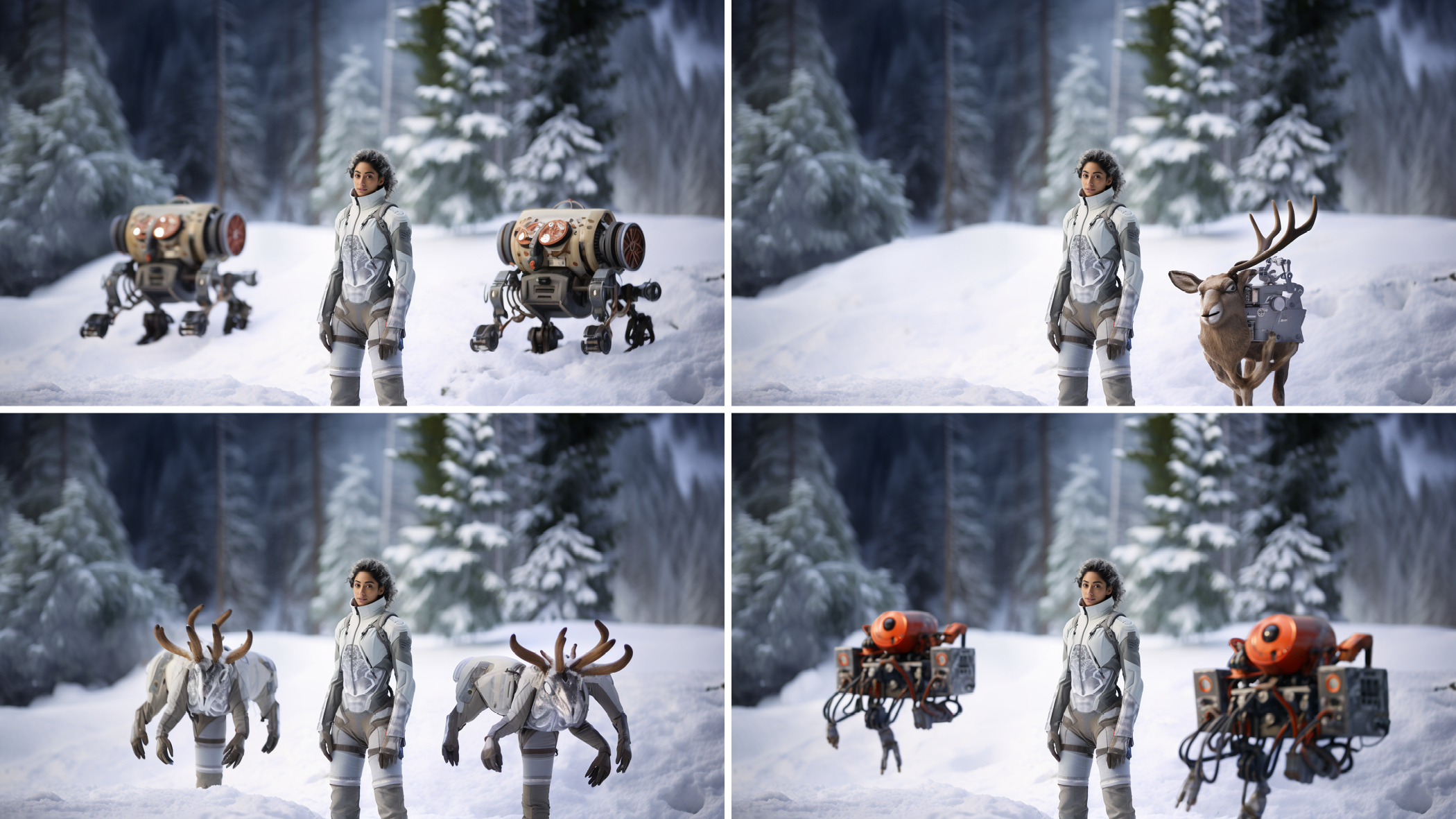 A collage of four images of the same person wearing a spacesuit in a snowy forest with various depictions of a robotic reindeer.