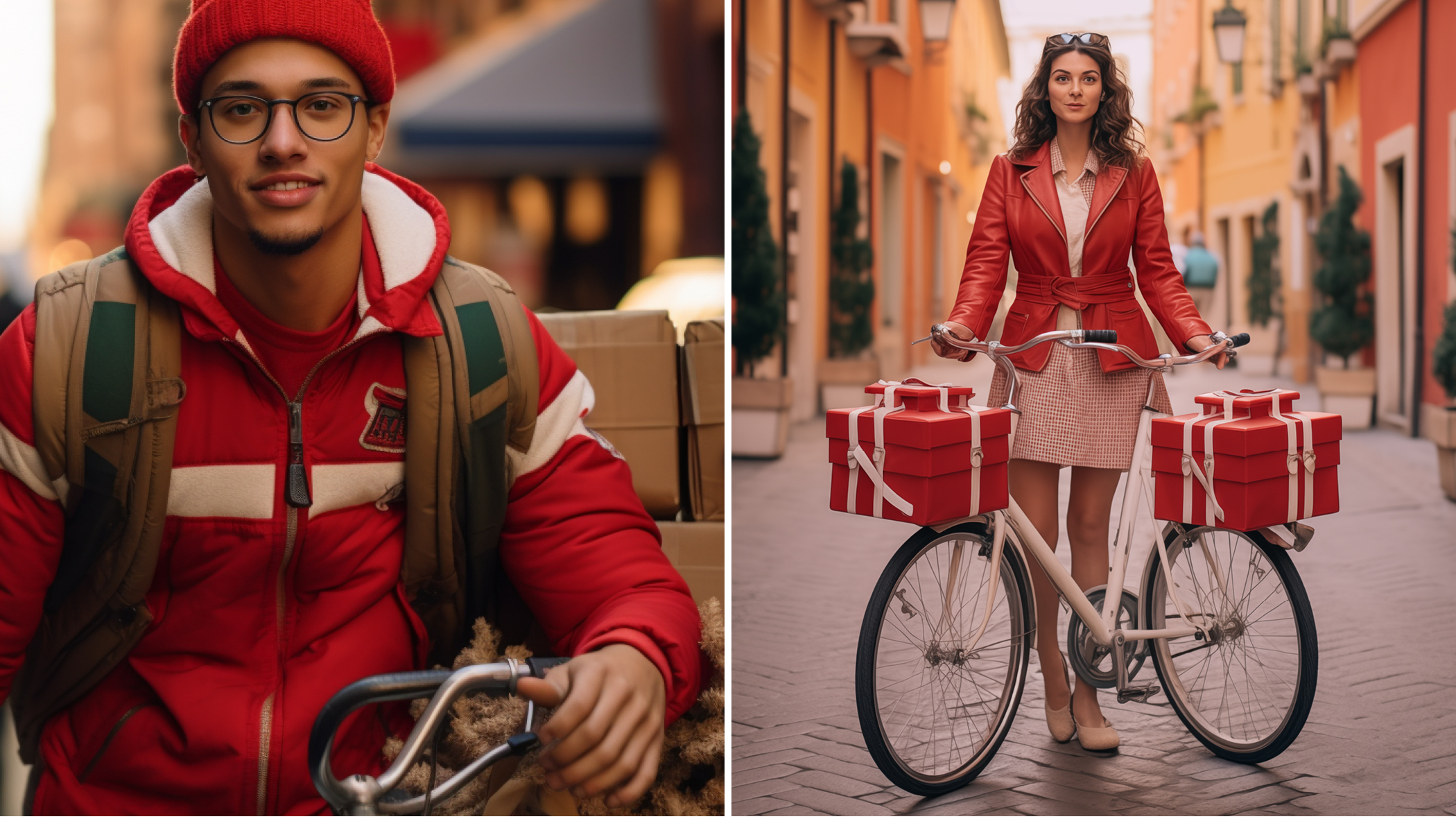 An AI generated image of two people in an urban street setting posed with bicycles. The image has strange, out of place artifacts.