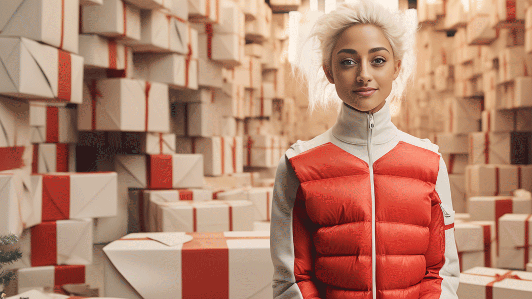 A person wearing a red vest and white jacket stands smiling in front of a large stack wrapped presents. The image morphs as a floating glass orb appears and the figure’s skin tone darkens.