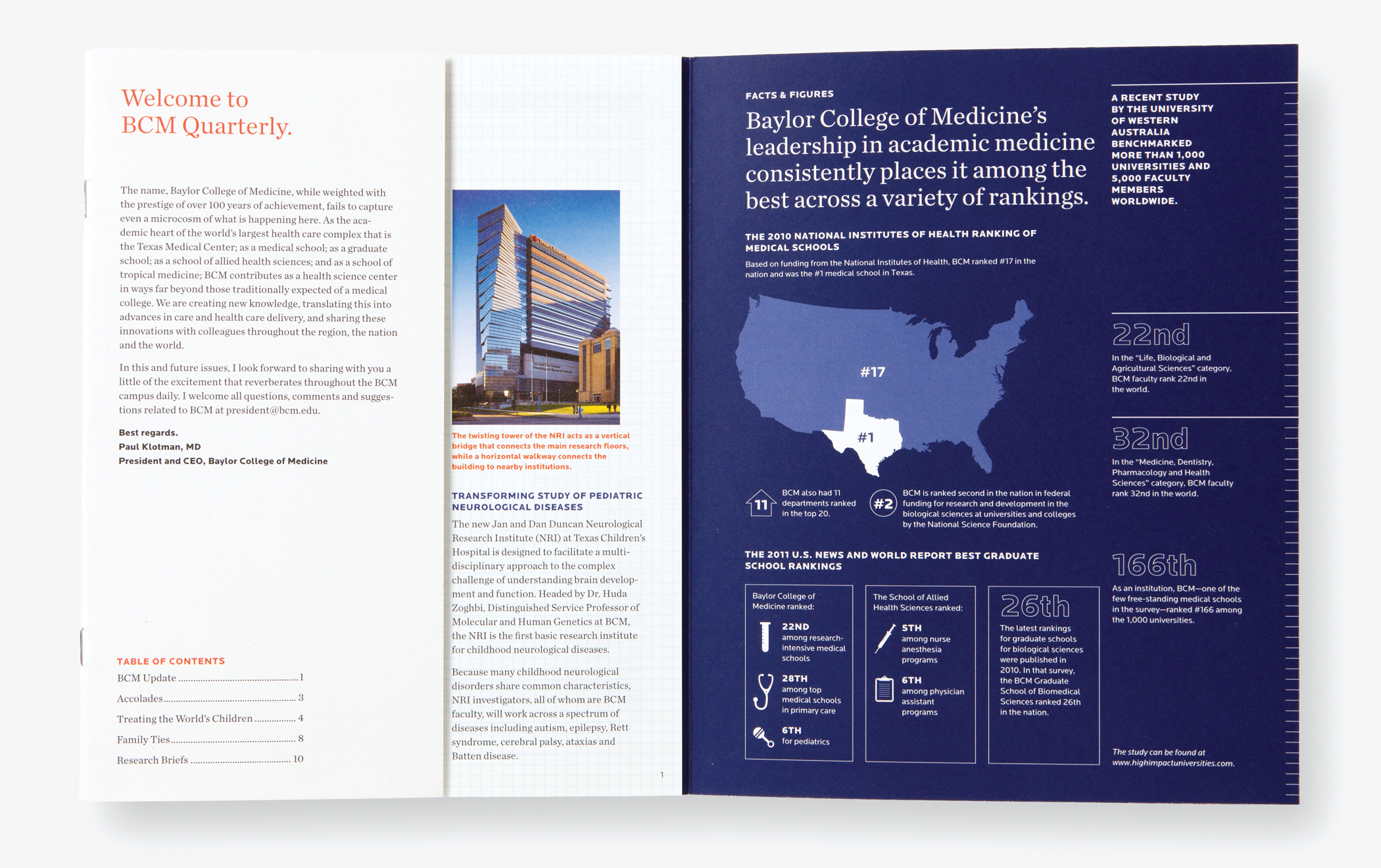 Pages from BCM Quarterly report with the title "Welcome to BCM Quarterly," table of contents, and Facts & Figures infographic.