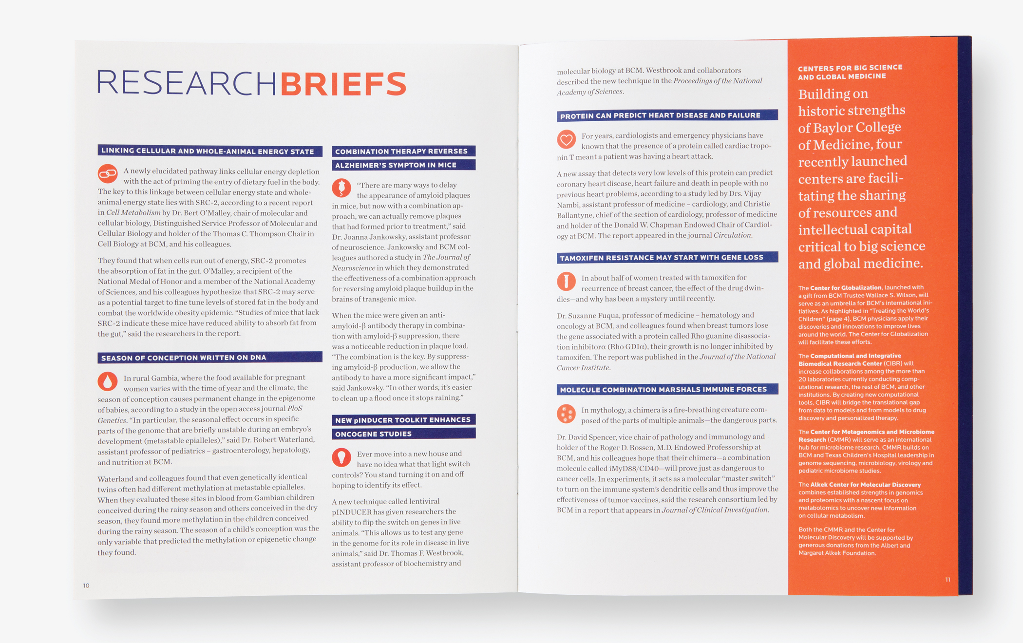 Pages from BCM Quarterly report with the title "Research Briefs," listing several case studies.
