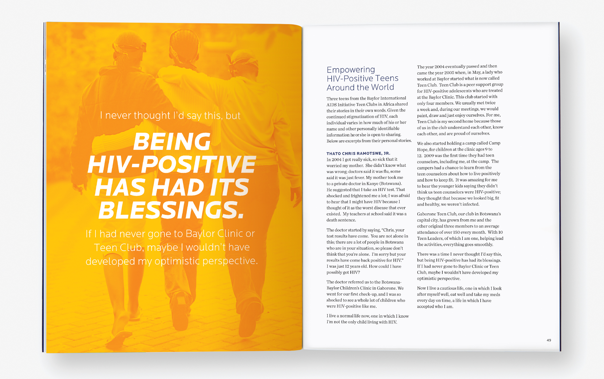 Pages from The BCM Report with the title "Empowering HIV-Positive Teens Around the World" and image of three teens walking.