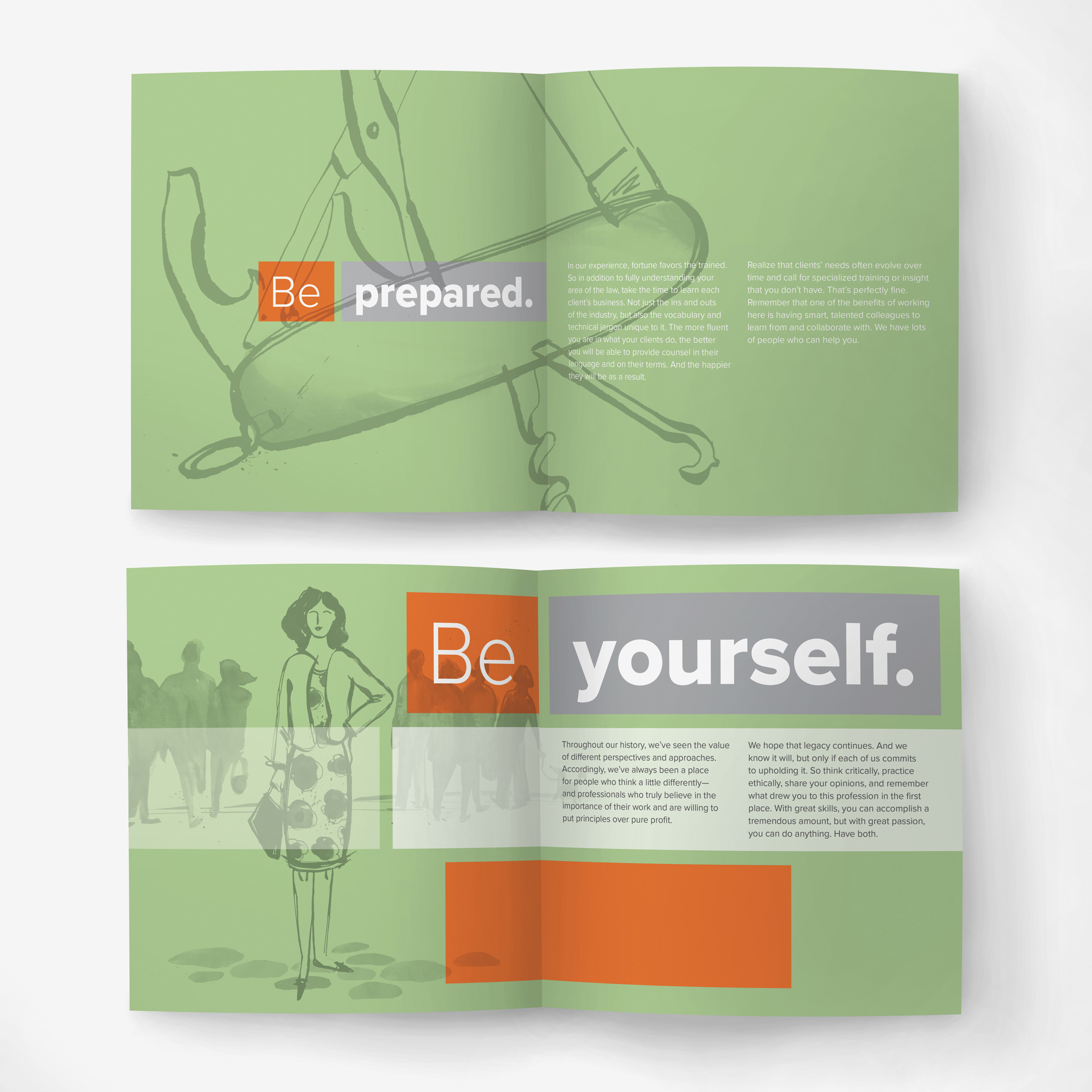 wo sets of inside pages from the Bernstein Shur brand spirit booklet with the headlines "Be prepared" and "Be yourself."
