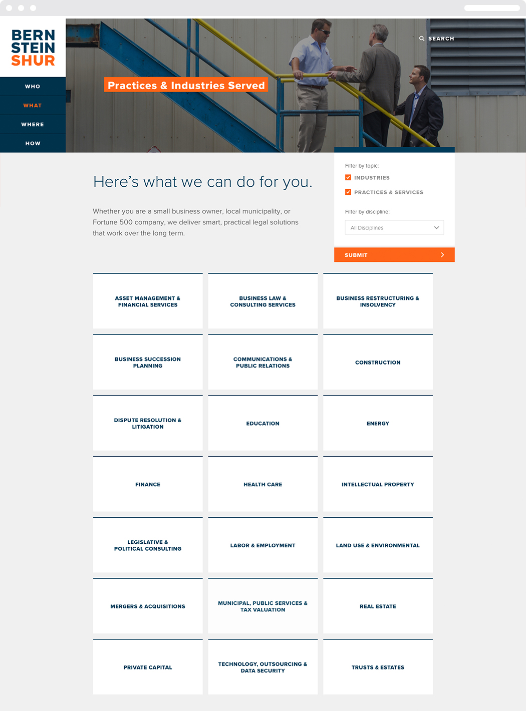 The practices and industries served page on the Bernstein Shur website listing the firm's many areas of expertise.