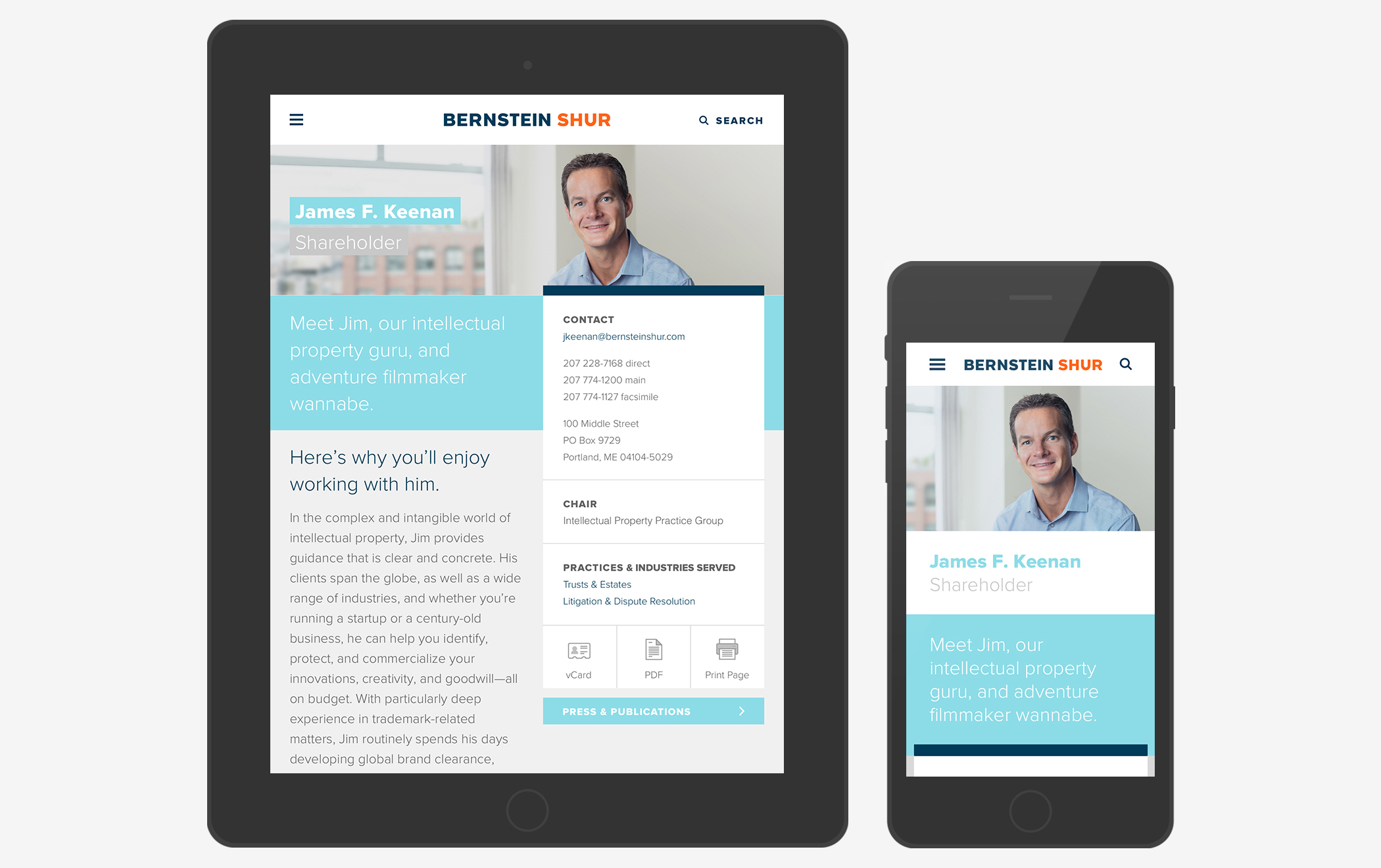 An individual lawyer's bio page from the Bernstein Shur website displayed on a both a tablet and a smartphone.