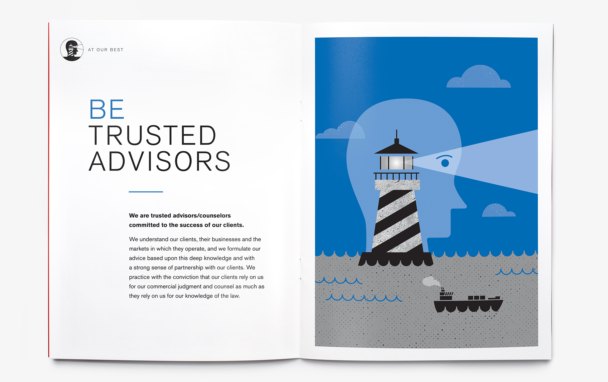 Illustrated interior pages of the Cadwaleder "At Our Best" employee brochure with the headline "Be Trusted Advisors."
