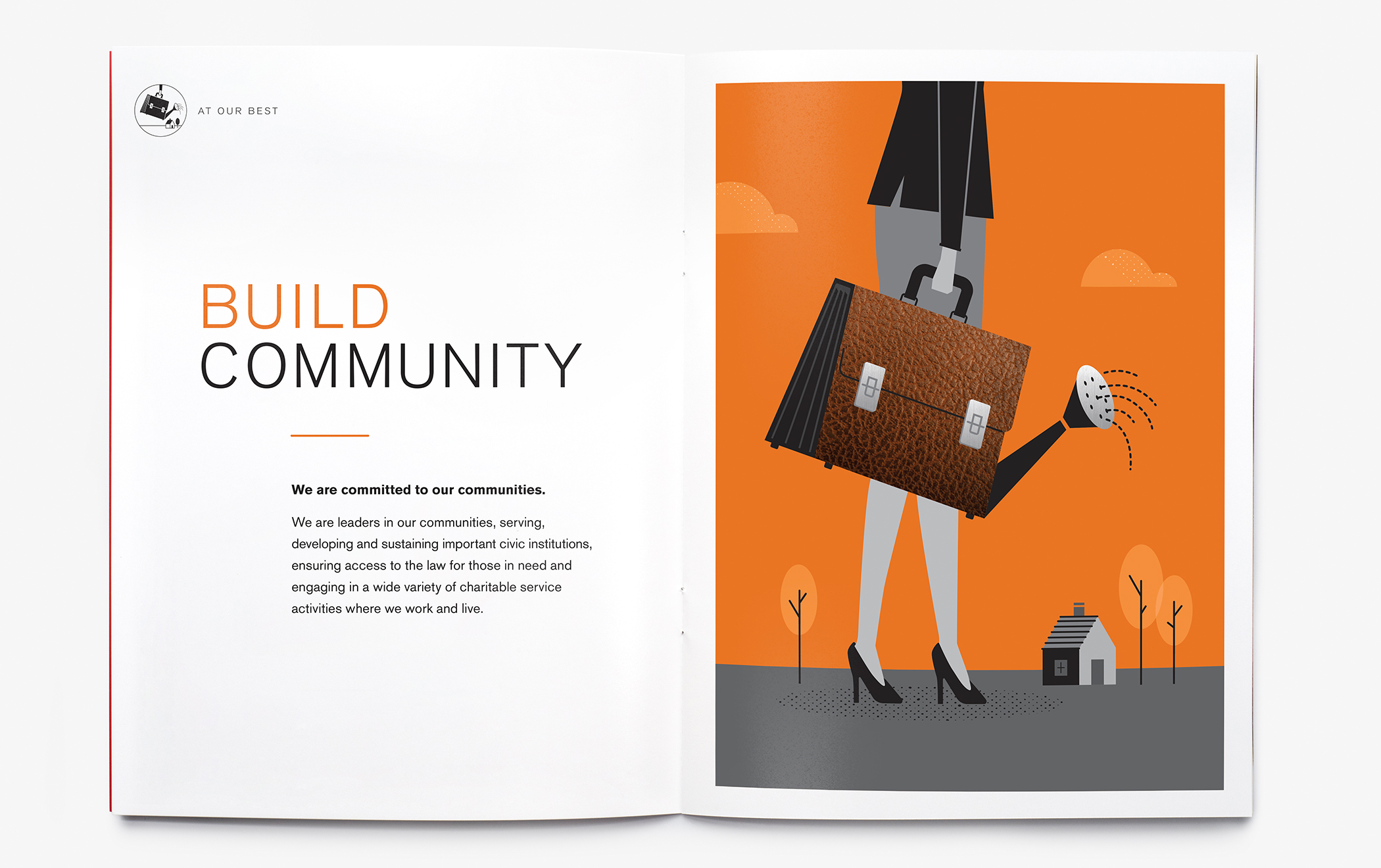 Illustrated interior pages of the Cadwaleder "At Our Best" employee brochure with the headline "Build Community."