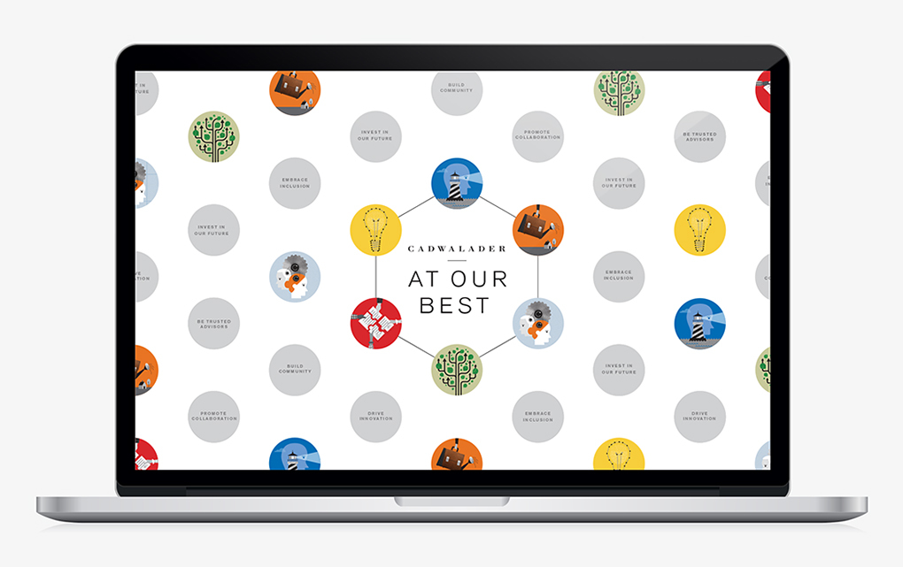 Laptop screen saver with circular illustrations and inspirational messages from the Caldwaleder "At our best" brochure.