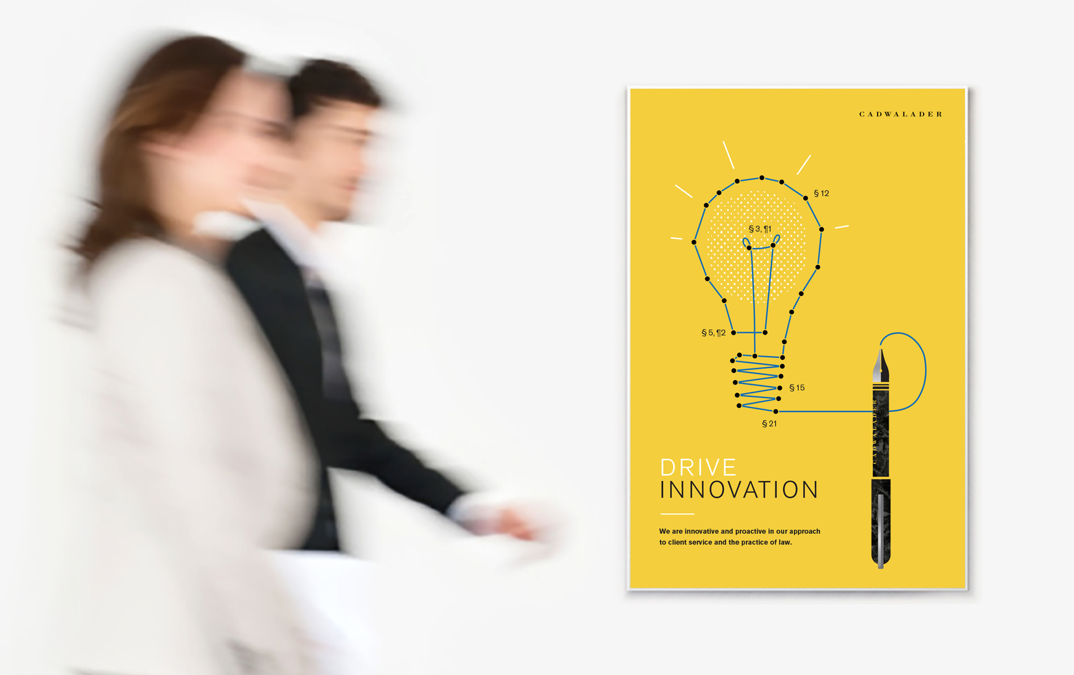 A poster with a connect-the-dots illustration of a light bulb and quill ink pen. Large type reads, "Drive innovation."