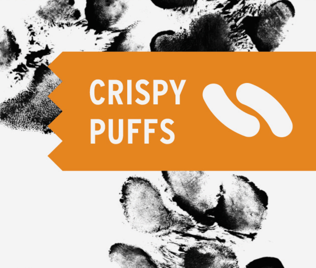 Close up of Dogs Love Us Crispy Puffs package with treat-shaped illustration and inked paw prints in the background.