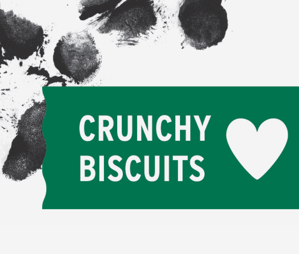 Close up of Dogs Love Us Crunch Biscuits package with heart-shaped illustration and inked paw prints in the background.