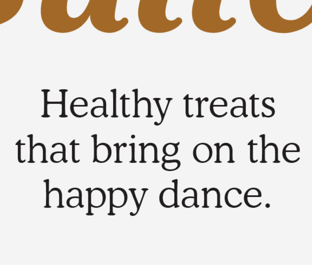 Close up of Dogs Love Us treat package with the phrase "Healthy treats that bring on the happy dance."