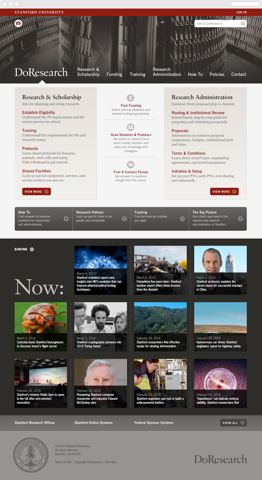 The Stanford University "Do research" Web home page, with information on scholarship, administration, funding, and training.