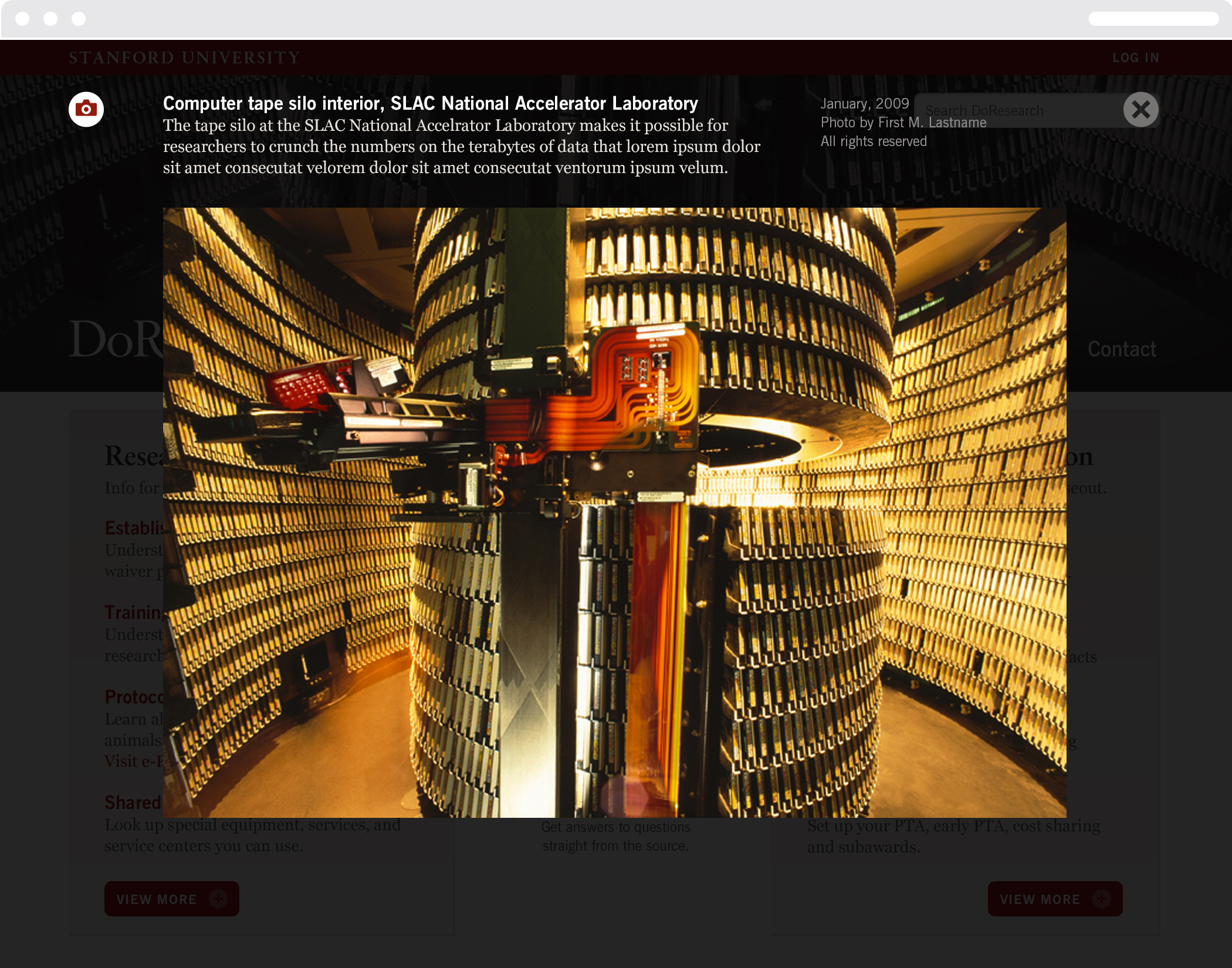 Stanford University "Do research" web page with a photo of the computer tape silo at the SLAC National Accelerator Laboratory