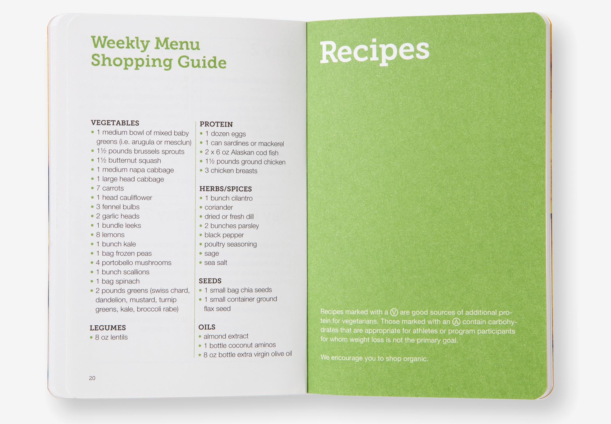 The weekly shopping guide and recipe cover pages from the Dr. Morrison Daily Benefit Program Guide.