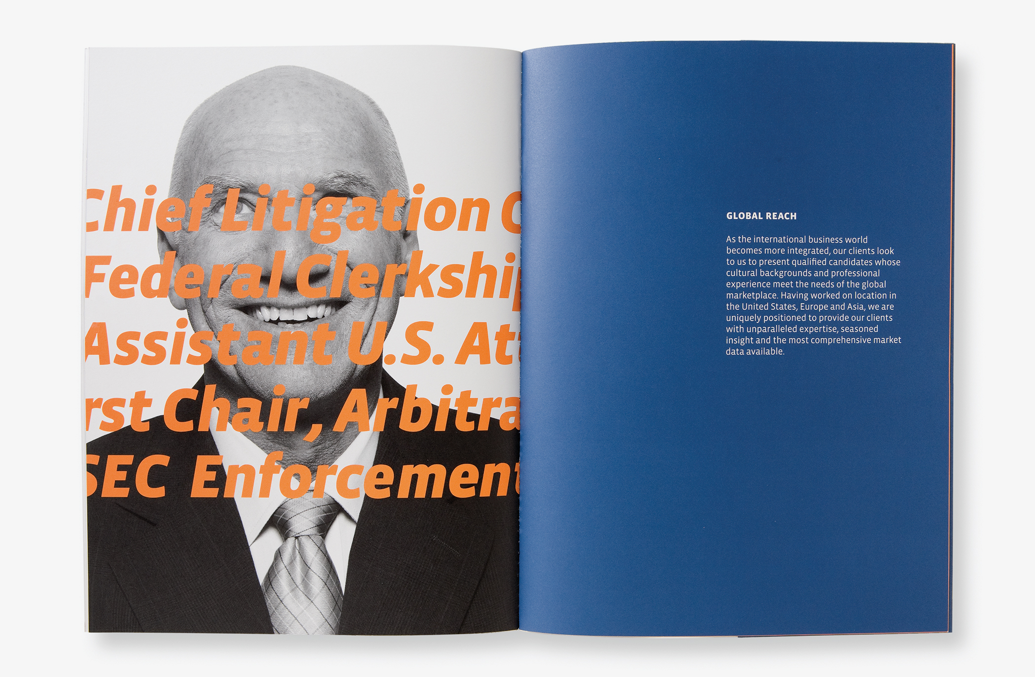 Pages from the Empire Search Partners capabilities brochure with a man's face behind bold orange type.