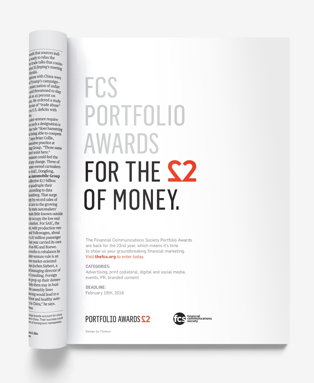 Inside pages of the Financial Communications Society 22nd Portfolio Awards with the headline "For the love of money."