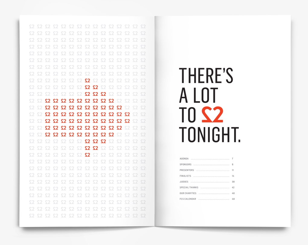 Inside pages of the Financial Communications Society 22nd Portfolio Awards program with the text "There's a lot to love tonight."