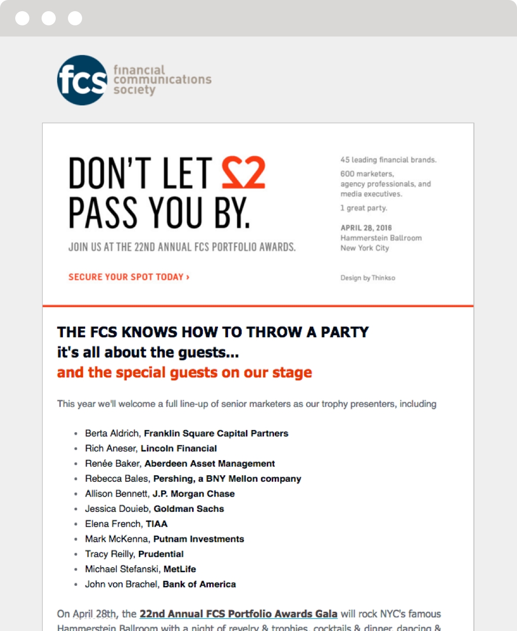 Email invitation to the Financial Communications Society 22nd Portfolio Awards with the headline "Don't let love pass you by."
