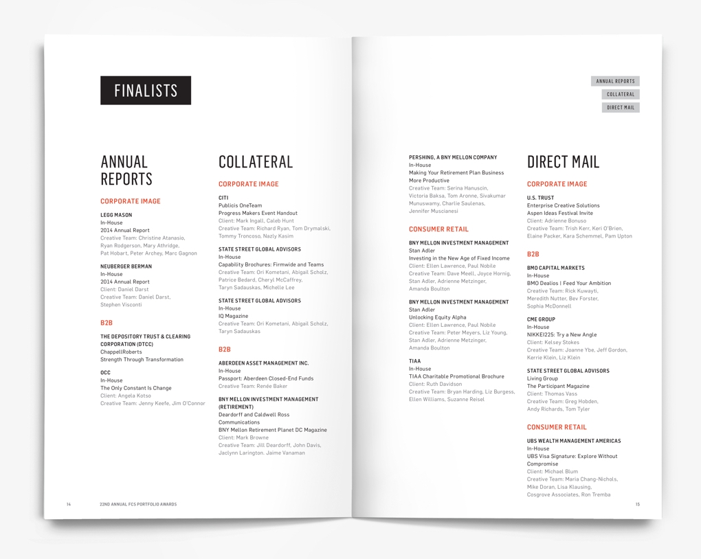 Inside pages of the Financial Communications Society 22nd Portfolio Awards program with lists of the award finalists.