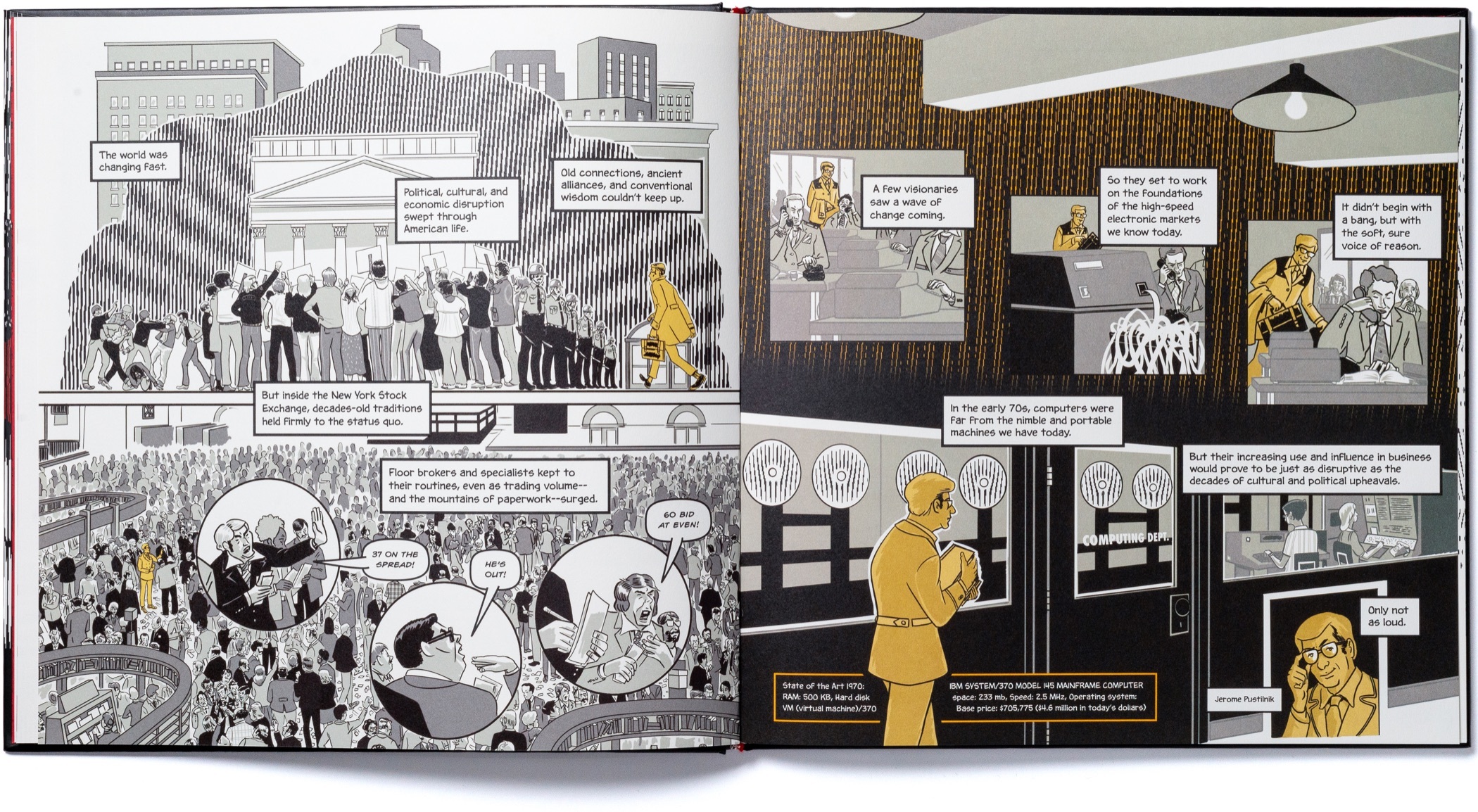 A spread of pages with scenes from the nineteen eighties chapter of Instinet's Fintech at Fifty graphic novel.