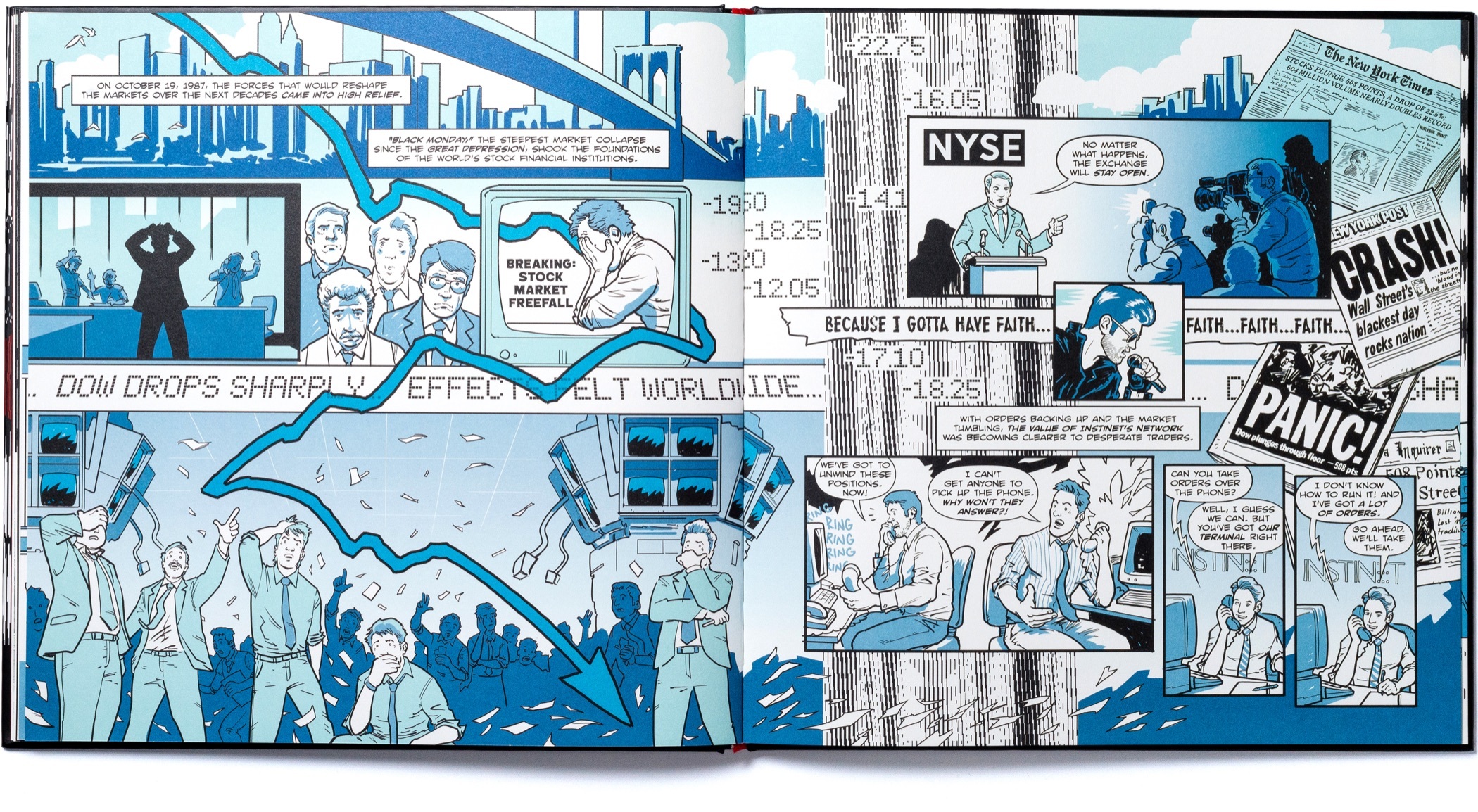 A spread of pages with scenes from the nineteen nineties chapter of Instinet's Fintech at Fifty graphic novel.