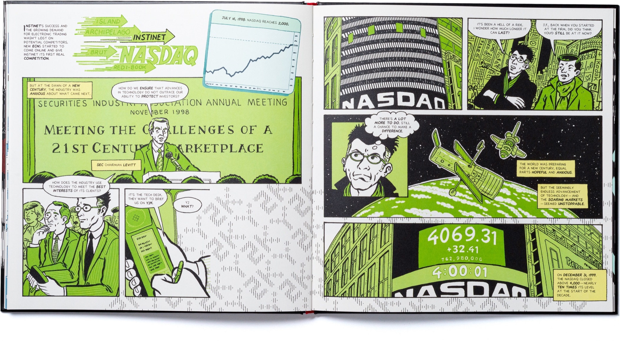 A spread of pages with scenes from the two thousands chapter of Instinet's Fintech at Fifty graphic novel.