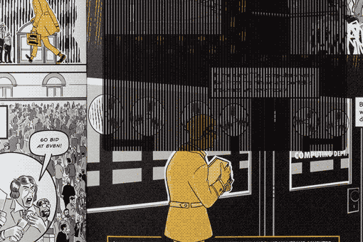 An animated illustration from Instinet's Fintech at Fifty graphic novel showing mainframe computer reels in motion.