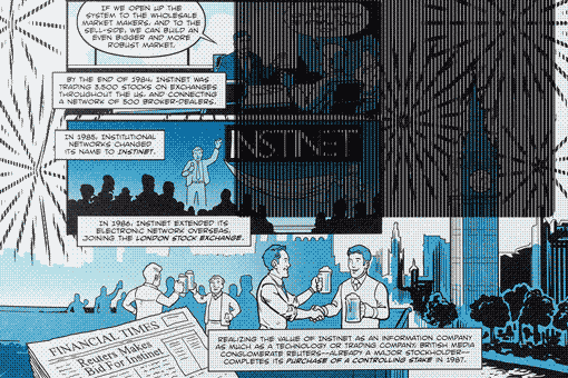 An animated illustration from Instinet's Fintech at Fifty graphic novel showing fireworks exploding over London.
