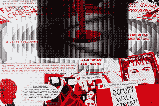 An animated illustration from Instinet's Fintech at Fifty graphic novel showing shock waves emanating from a pressed button.