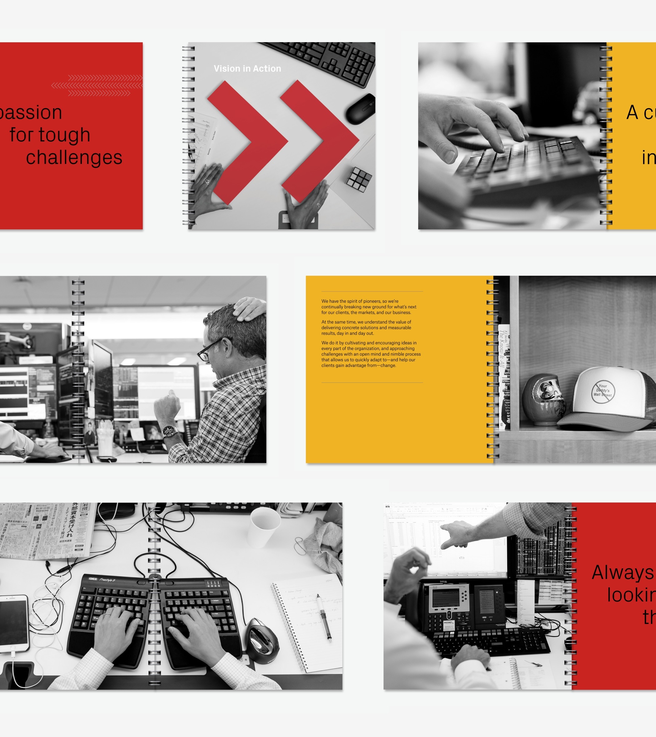 A variety of pages from the Instinet Brand Vision book showing red and yellow pages with type and black and white photos of the Instinet office environment.