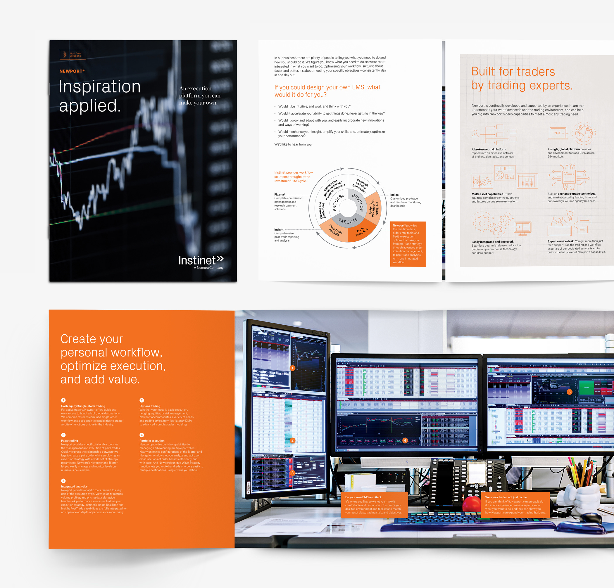 A grid of pages from the Instinet Newport EMS brochure, with text, charts, and a panoramic image of the interface displayed on several computer monitors.