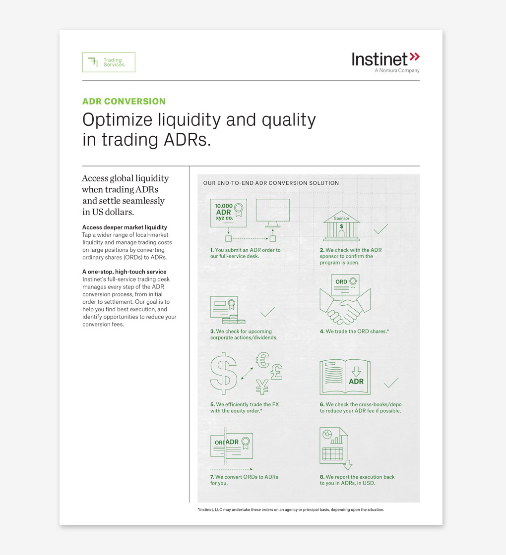 A sales sheet for Instinet’s ADR conversion service with a diagram of the steps in the process.