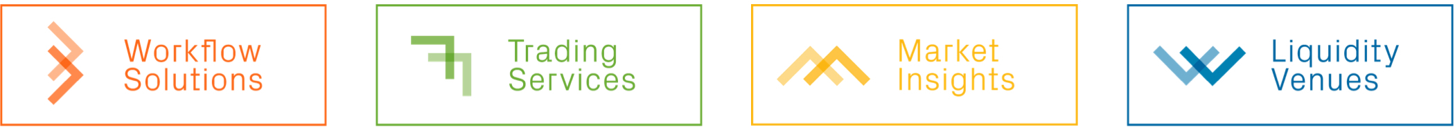 Graphic icons representing Instinet’s four services areas; workflow solutions, trading services, market insights, and liquidity venues.