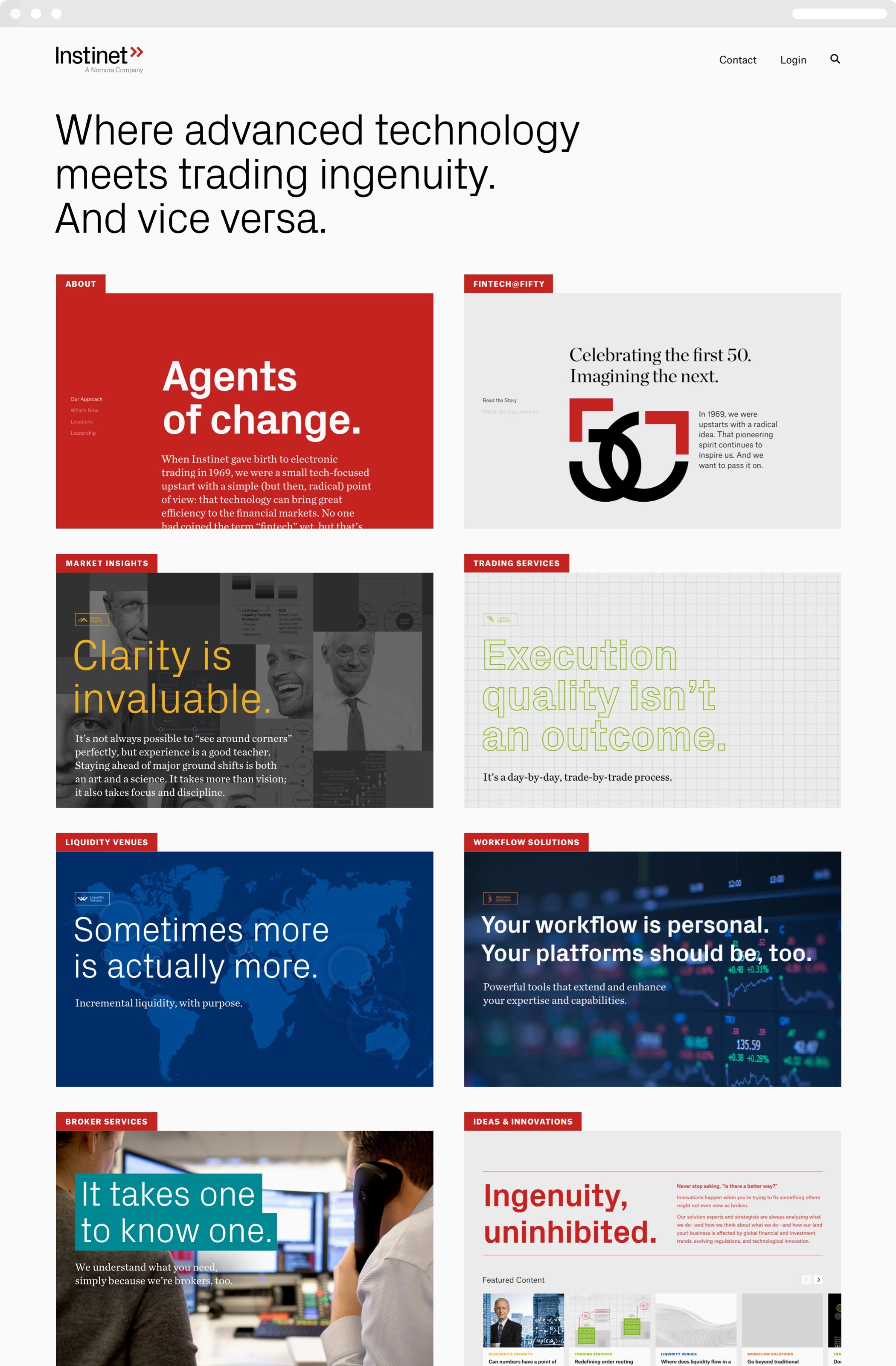 The Instinet web homepage, with thumbnails of each of the site’s main pages, which feature bold type and both photographic and illustrated backgrounds.