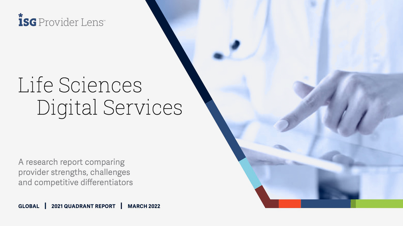 Four pages from an ISG Provider Lens report, including the cover with the title, Life Sciences and Digital Services.