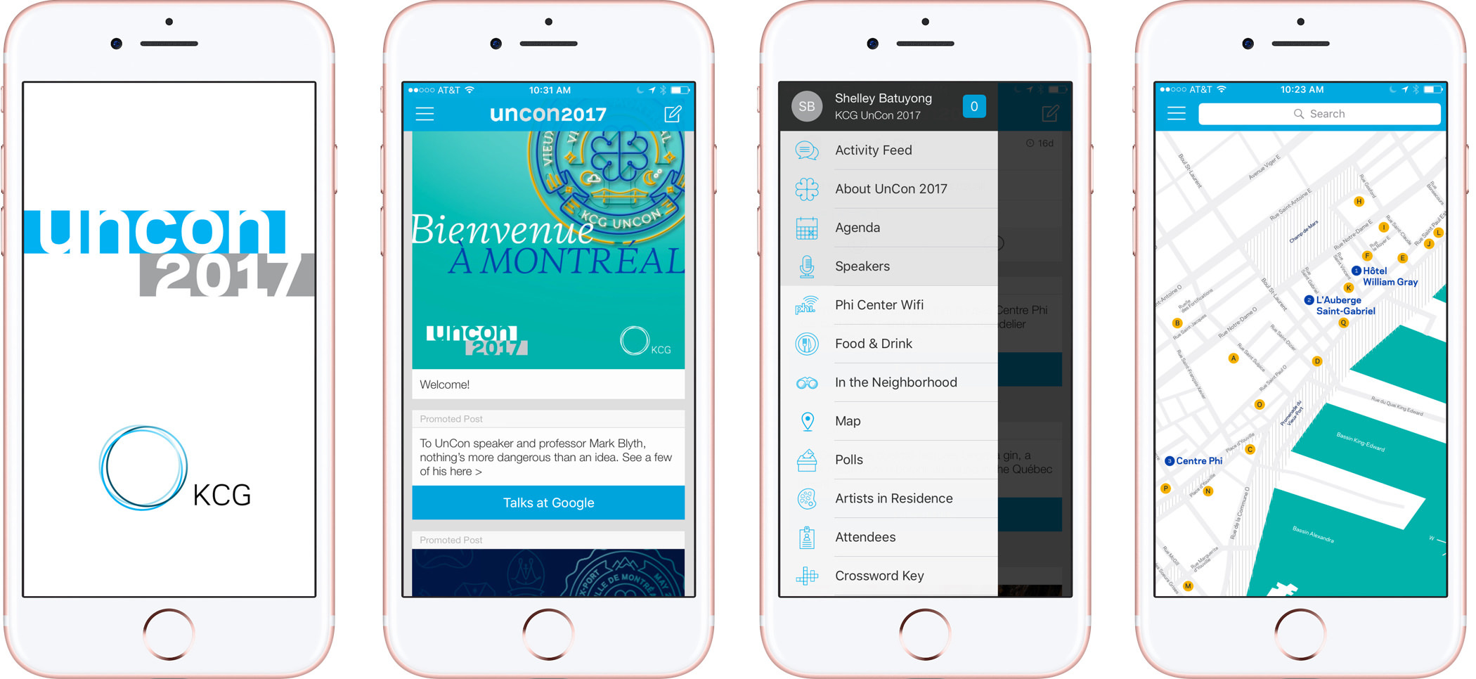 The 2017 KCG Uncon client event app with the logo, introduction, menu, and map of Montreal displayed on four smartphones.