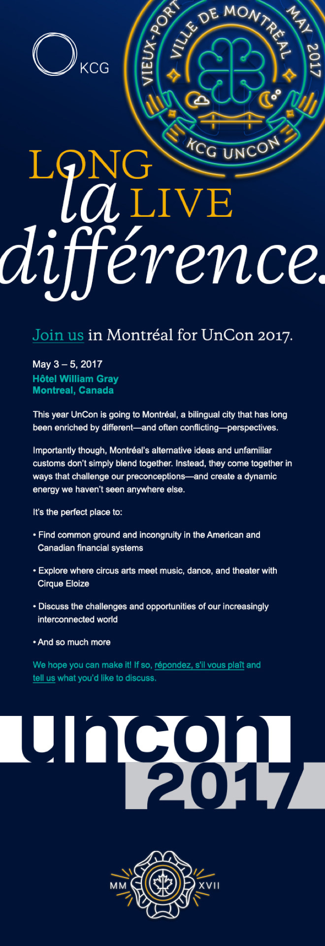 Invitation to the 2017 KCG "Uncon" client event in Montreal with the headline, "Long live la différence."