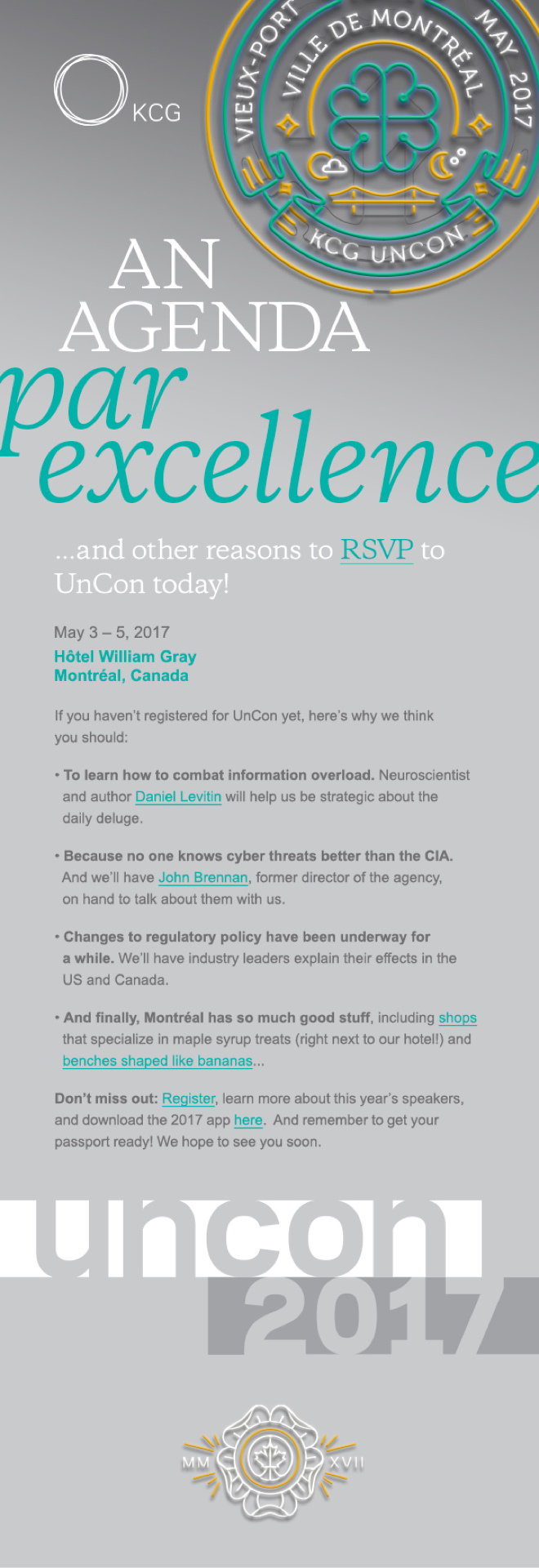 Invitation to the 2017 KCG "Uncon" client event in Montreal with the headline, "An event par excellence."