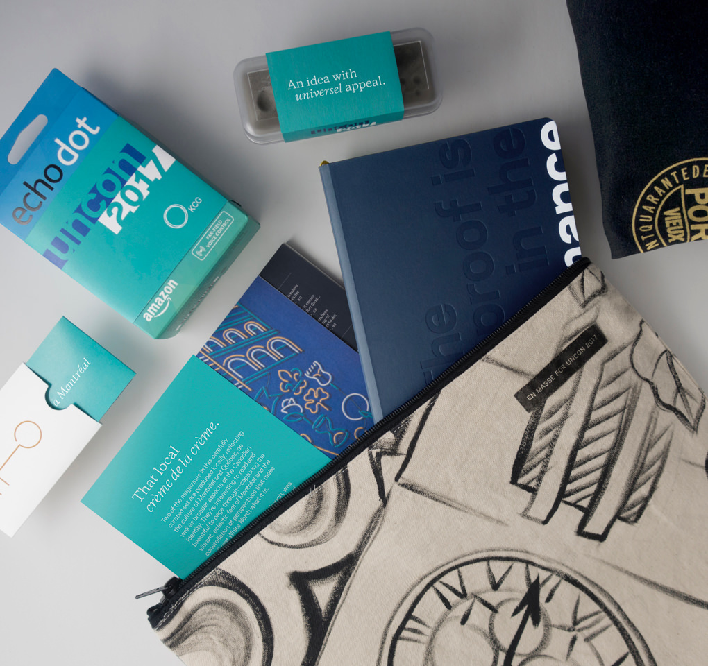 A collage of giveaway items for the 2017 KCG Uncon client event, including a tote bag, notebook, and Echo Dot smart speaker.
