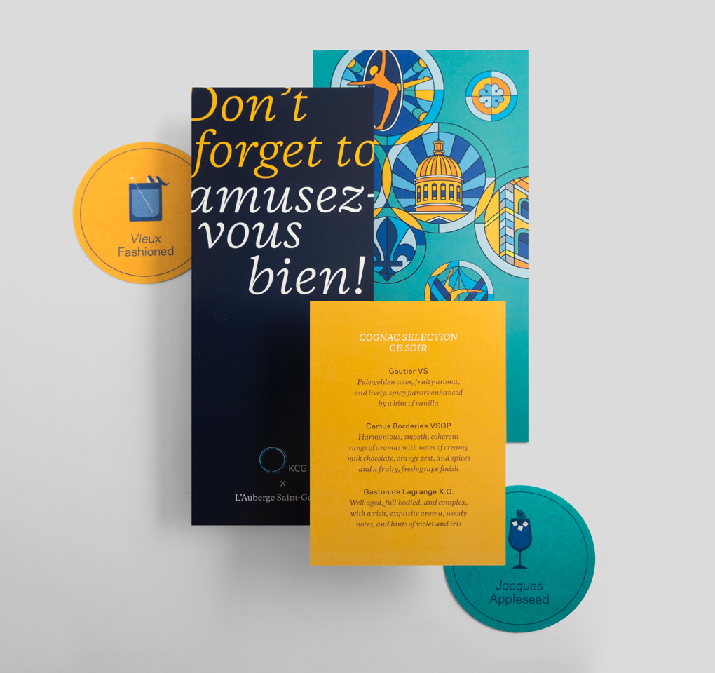 A close up of illustrated drink coasters and reception dinner menus for the 2017 KCG Uncon client event.