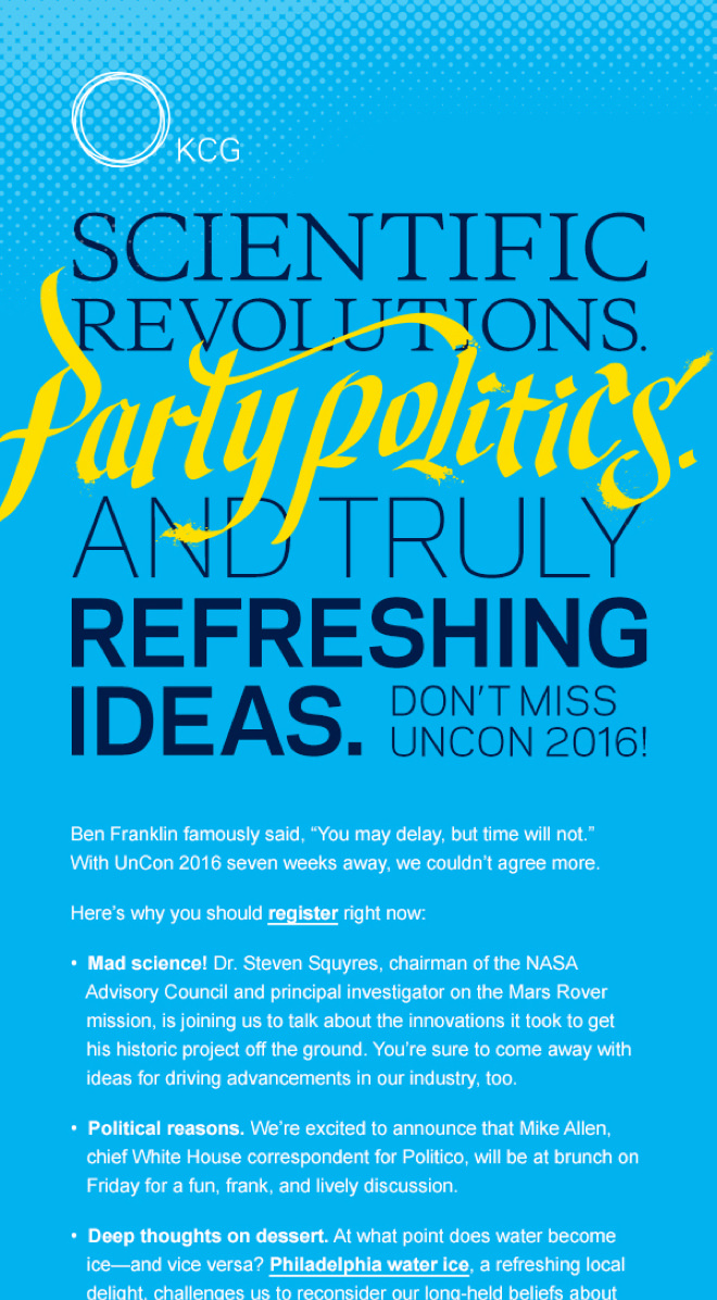 Invite for the 2016 KCG Uncon client event that reads "Scientific revolutions, party politics, and truly refreshing ideas."